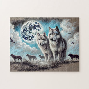 Puzzle Deux loups au clair de lune avec meute