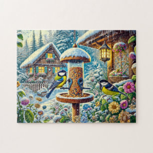 Puzzle Deux mésanges charbonnières au mangeoire en hiver