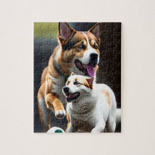 Puzzle Deux mignons chiens qui courent et jouent au footb