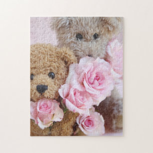 Puzzle Deux nounours tenant des roses