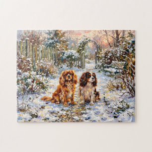 Puzzle Deux Spaniels Cavalier sur un chemin hivernal