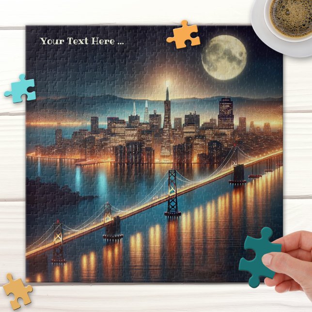 Puzzle d'Imaginaire de San Francisco (Puzzle featuring a painting of a fantasy scene inspired by San Francisco, with a full moon at night)