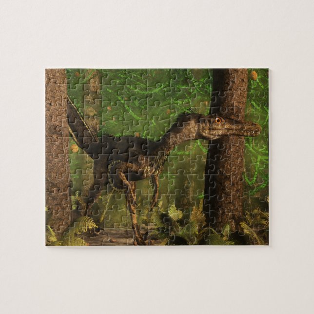Puzzle Dinosaure de Velociraptor dans la forêt (Horizontal)