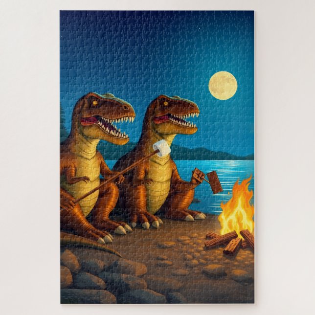 Puzzle Dinosaurs roasting marshmallows (Vertical)