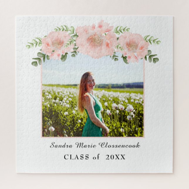 Puzzle Diplôme floral rose chic Classe blanche 2021 (Vertical)
