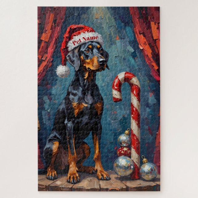 Puzzle Doberman Balancing Act Christmas Candy Cane Hat (Vertical)