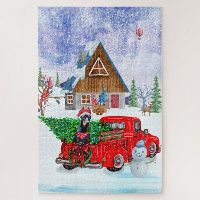 Puzzle Doberman Chien en Livraison Noël Camion Neige (Vertical)