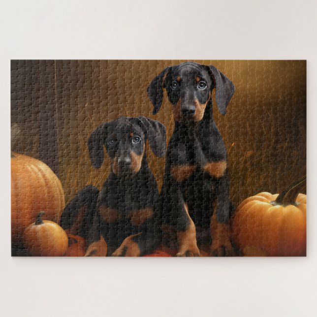 Puzzle Doberman Chiot Automne Citrouille de plaisir (Horizontal)