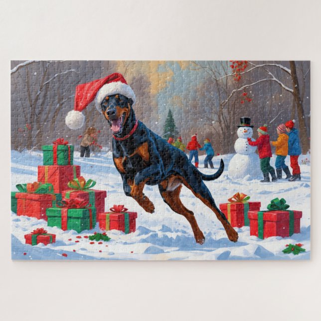 Puzzle Doberman coule dans la neige avec le Casquette de  (Horizontal)