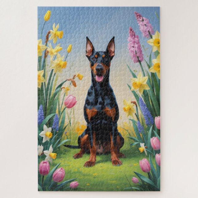 Puzzle Doberman Fleurs de printemps chien Peinture (Vertical)