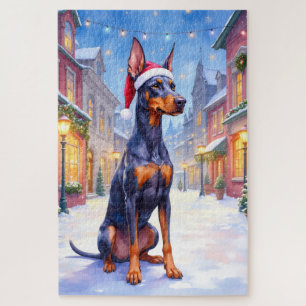 Puzzle Doberman Pinscher Village enneigé Chapeau de Père