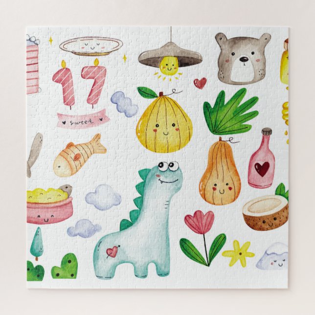 Puzzle Doodles d'aquarelle Kawaii, autocollant prêt. (Vertical)