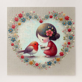 Puzzle Douce Robin et petite fille Cœur floral