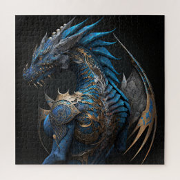 Puzzle Dragon bleu vapeur avec ailes métalliques IA art