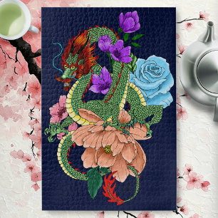 Puzzle Dragon Chinois Vert Mystique Floral Bleu Marine