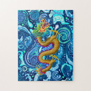 Puzzle Dragon d'or aux vagues bleues