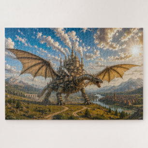 Puzzle Dragon mécanique transportant une ville de château