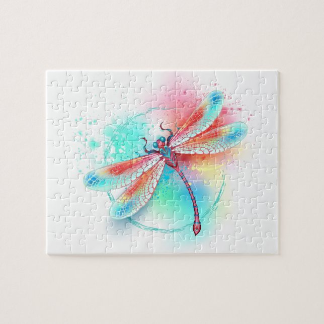 Puzzle Dragonfly rouge sur l'arrière - plan aquarelle (Horizontal)