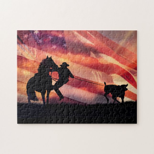 Puzzle Drapeau américain Cowboy et Steer Roping (Horizontal)