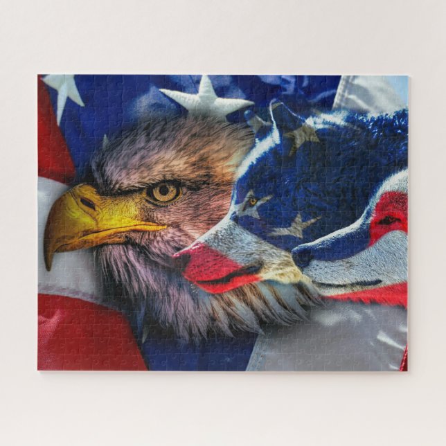 Puzzle Drapeau américain de loup d'aigle chauve Patriotiq (Horizontal)