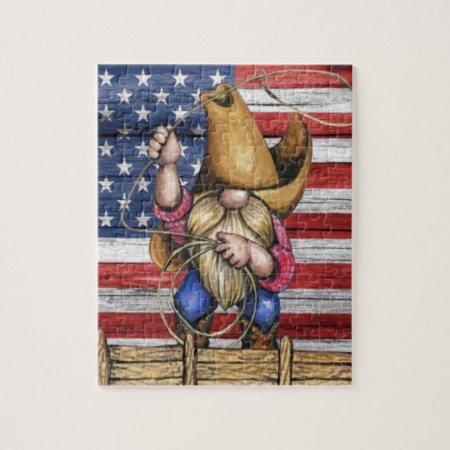 Puzzle Drapeau Américain En Bois Avec Cowboy Gnome (Vertical)