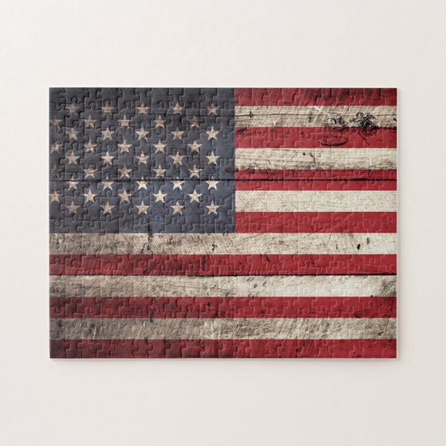 Puzzle Drapeau américain sur le vieux grain en bois (Horizontal)