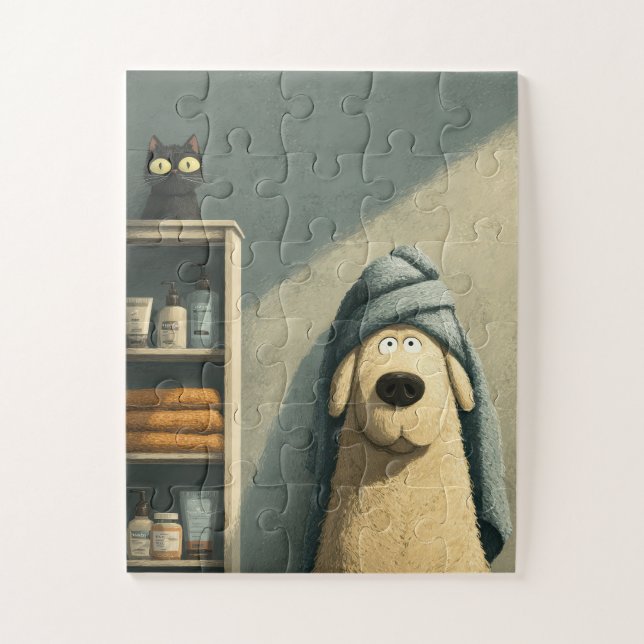 Puzzle Drôle chien dans la serviette avec Cat Jigsaw Puzz (Vertical)