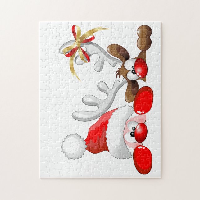 Puzzle Drôle Père Noël et Reindeer Cartoon (Vertical)