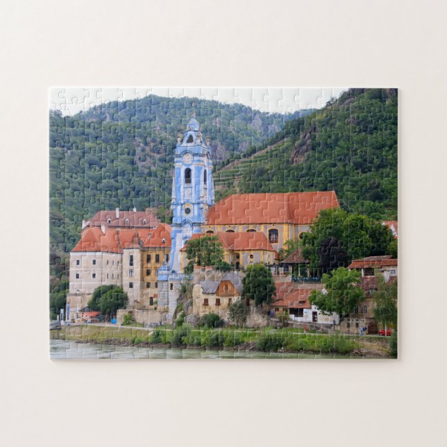 Puzzle Durnstein et la flèche bleue de l'église, Autriche (Horizontal)