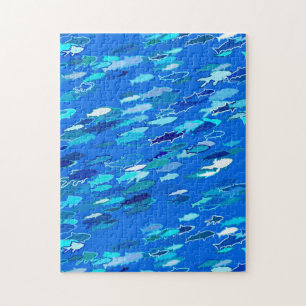Puzzle École de poisson, bleu foncé, blanc et turquoise