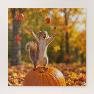 Puzzle Écureuil heureux lançant des feuilles d'automne da