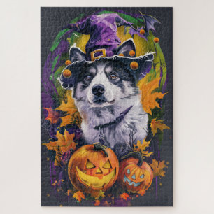 Puzzle Éffrayant Akita Halloween Witch et Citrouille