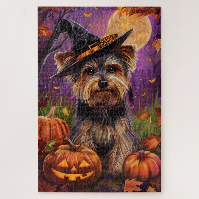 Puzzle Éffrayant Biewer Terrier Halloween Witch Et Citrou (Vertical)