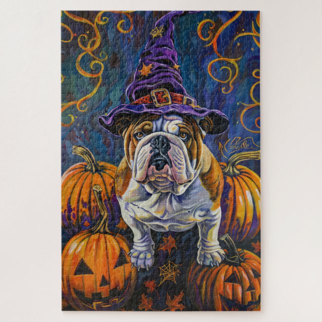 Puzzle Éffrayant Bulldog Halloween sorcière et Citrouille (Vertical)