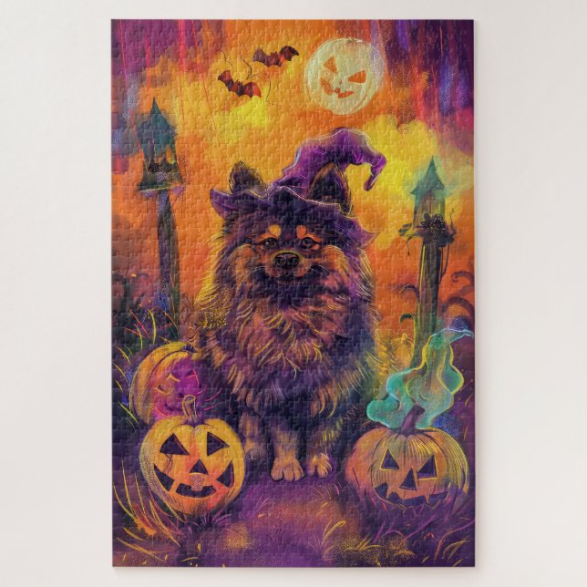 Puzzle Éffrayant Keeshond Chien Halloween sorcière et Cit (Vertical)