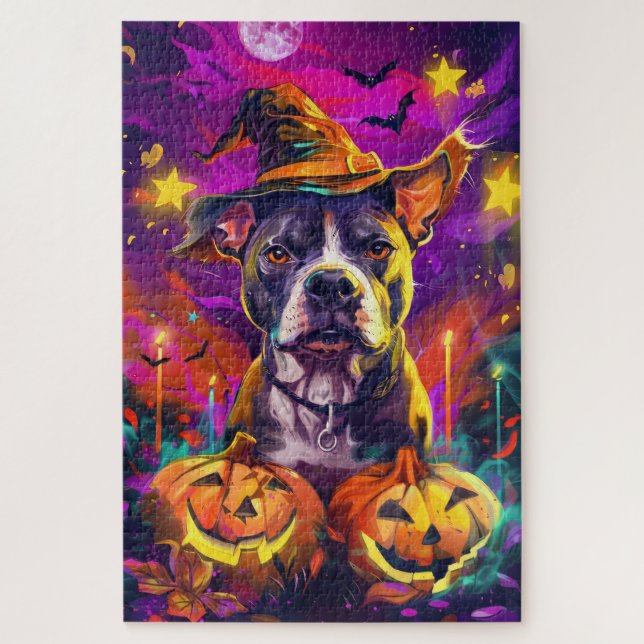 Puzzle Éffrayant Pitbull Chien Halloween sorcière et Citr (Vertical)