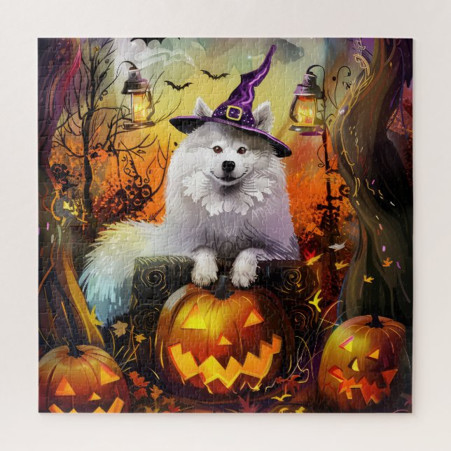 Puzzle Éffrayant Samoyed Chien Halloween sorcière et Citr (Vertical)