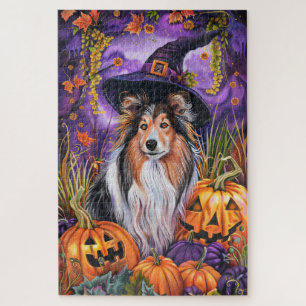 Puzzle Éffrayant Shetland Sheepdog Citrouille de sorcière