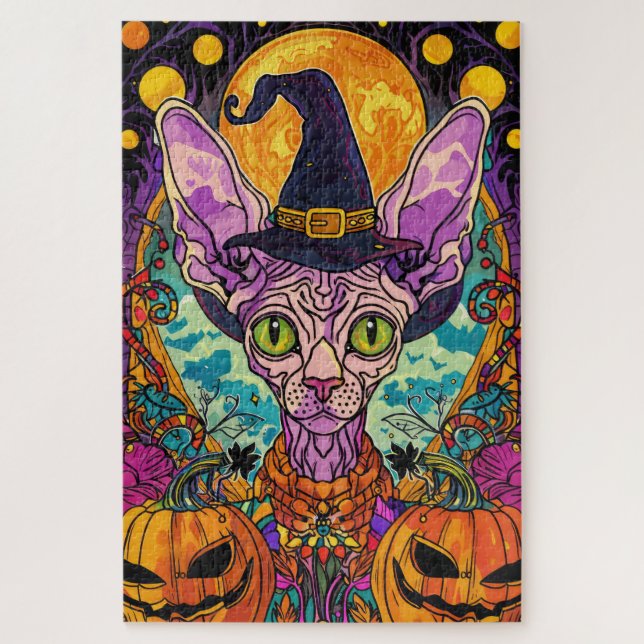 Puzzle Éffrayant Sphynx Chat Halloween sorcière et Citrou (Vertical)