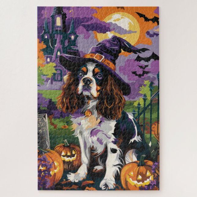 Puzzle Éffrayant Springer Spaniel Halloween Witch Citroui (Vertical)