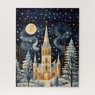 Puzzle Église d'hiver Gouache vintage stylée 16x20