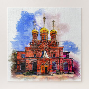 Puzzle Eglise orthodoxe russe. Illustration du style d'es