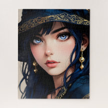 Elegant Anime Girl in Dark Blue Velvet Hat