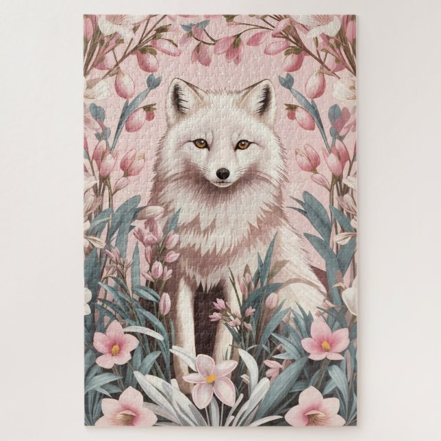 Puzzle Elegant Arctic Fox Pink Floral (Vertical)