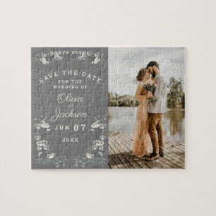 Puzzle Elegant dusty gray & white floral save the date