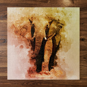 Puzzle Élégant Éléphant d'Afrique Mâle Marchant Aquarelle