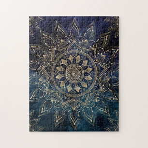 Puzzle Elegant Gold Mandala Blue Galaxy Design