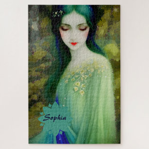 Puzzle Élégant Imaginaire Portrait femme en vert et bleu