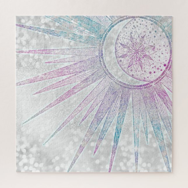 Puzzle Elegant Iridescent Sun Moon Mandala Silver Design (Vertical)