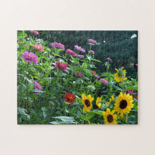 Puzzle Elégant jardin fleuri tournesols zinnias marguerit